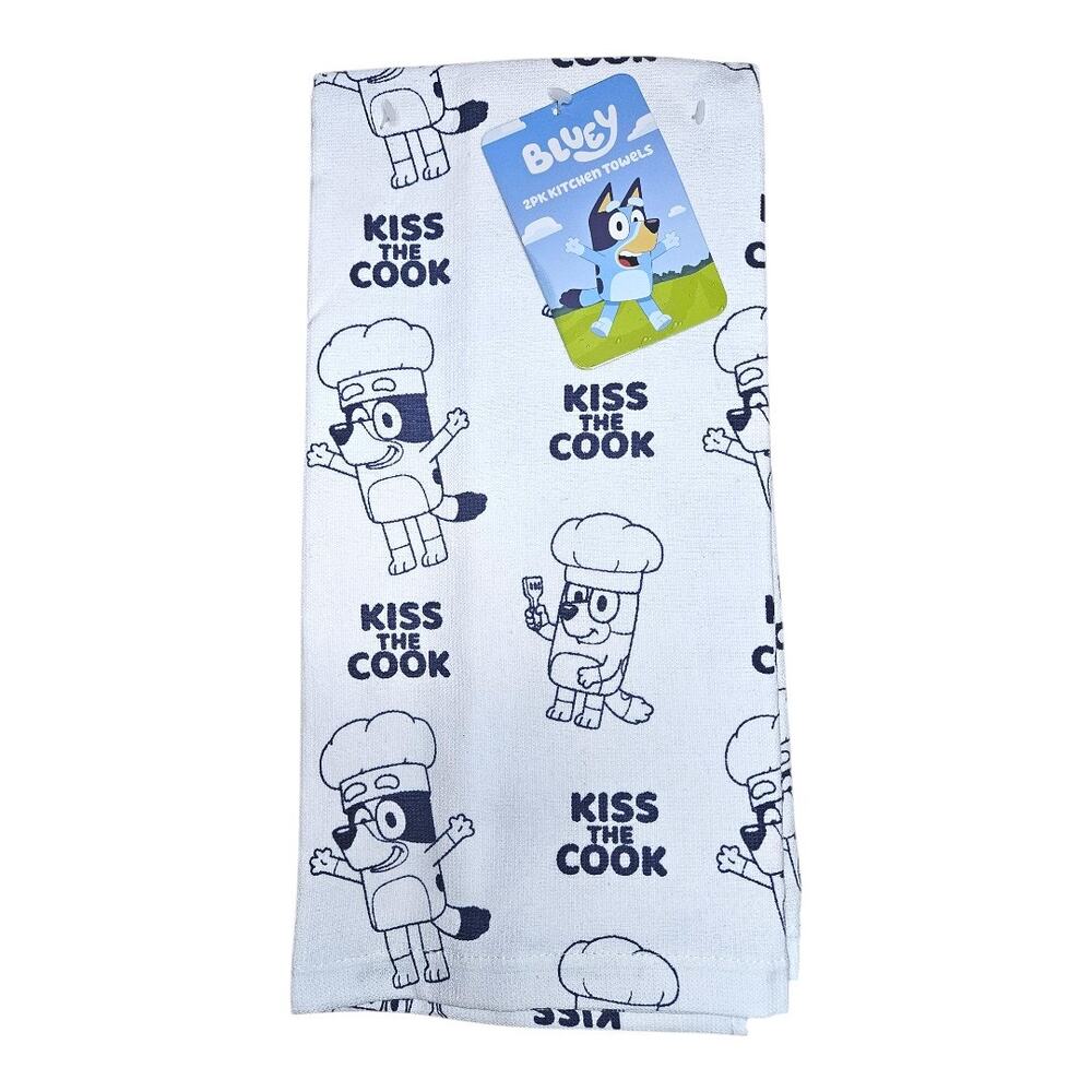 NEW Bluey Kiss The Cook Kitchen Towels 2 Pack 100% Cotton White/Blue 18" x 28"